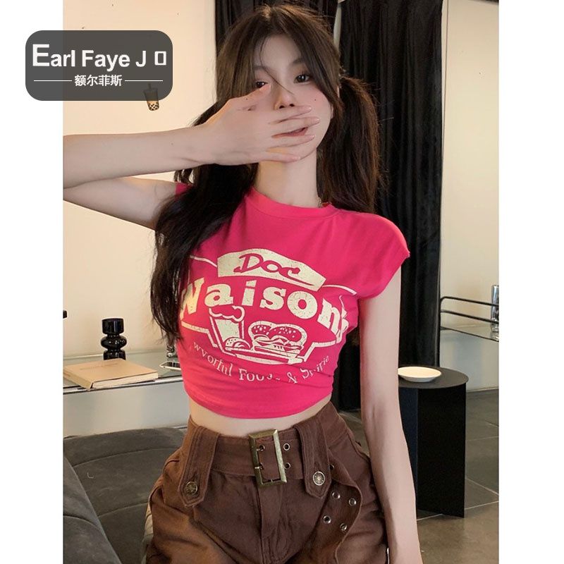 [Positive shoulder pure cotton] short-sleeved t-shirt women's summer American pure desire sweet hot girl letter printing short bottoming top