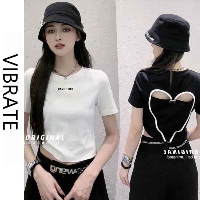 VIBRATE Korean version of love hollow short-sleeved white round neck short t-shirt women's summer new slim hot girl top