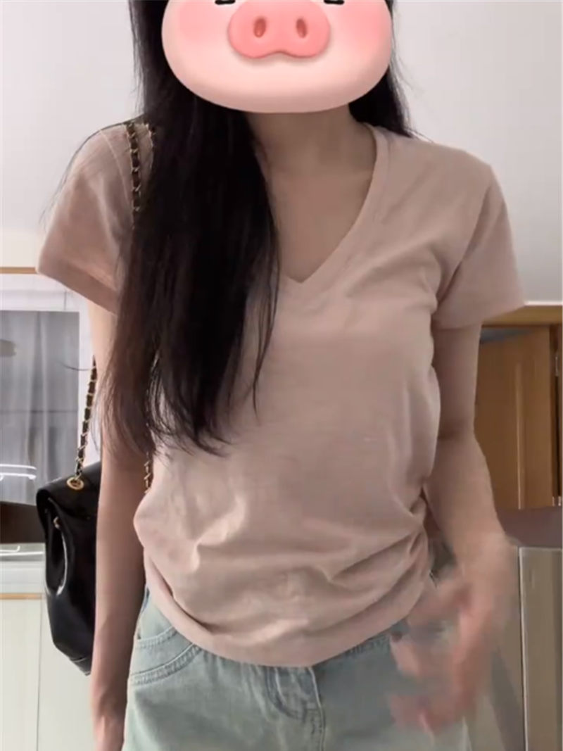 Super nice pink V-neck slub cotton short-sleeved t-shirt women's summer loose oversize unique casual all-match top