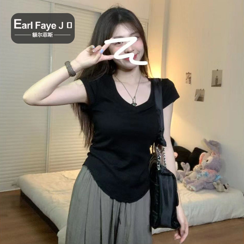 [Positive shoulder pure cotton] American hot girls wear short-sleeved t-shirt women's summer new design sense niche French top