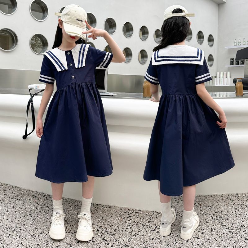 女童連衣裙2023新款夏季兒童寬鬆公主裙中學生海軍領裙子中長款薄