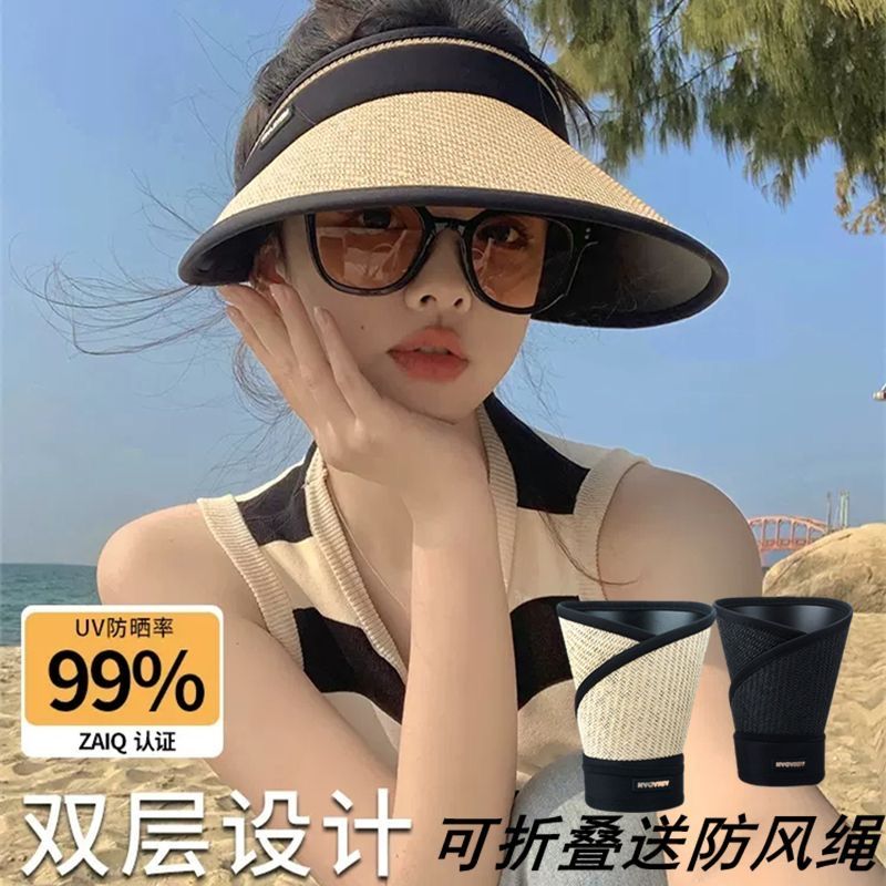 空頂UV防曬帽子女夏騎車遮陽帽防紫外線大帽檐遮臉沙灘黑膠草編帽