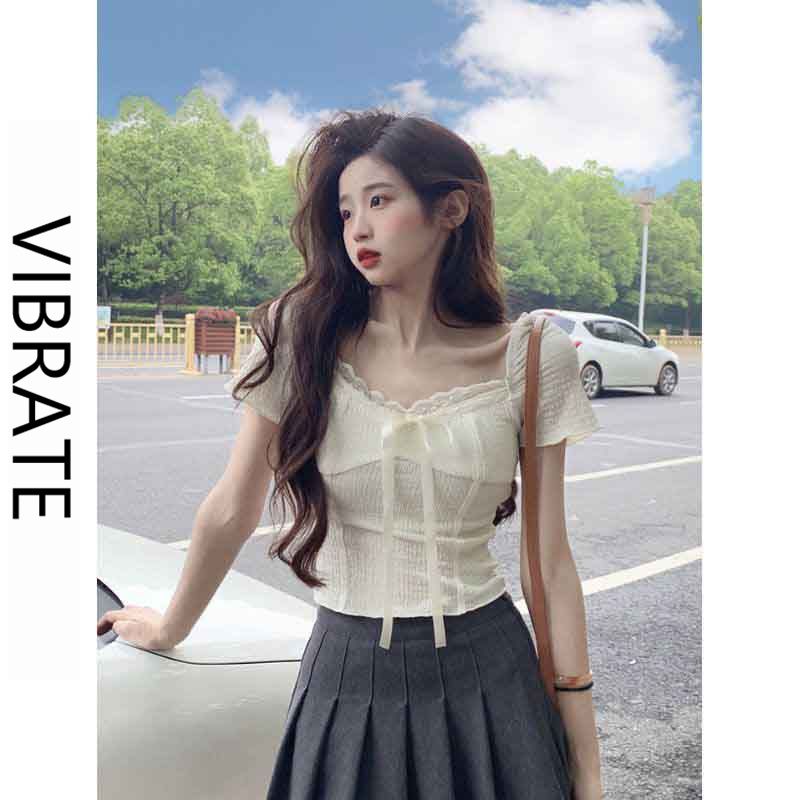 VIBRATE Korean French style chic V-neck short lace women's summer self-cultivation atmosphere sense square neck short-sleeved top