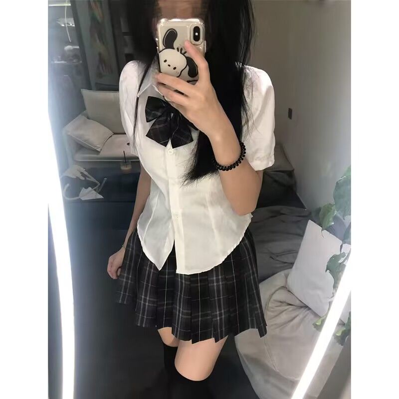 兩件套/單件學院風jk制服女短袖收腰後綁帶襯衫領結煙灰色百褶裙