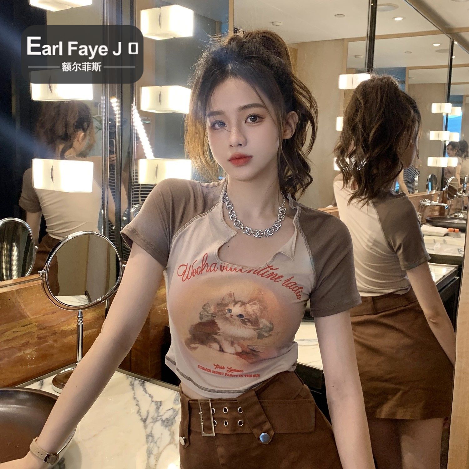 [Positive shoulder pure cotton] short-sleeved cat t-shirt women's summer design sense niche slim fit hot girl short top