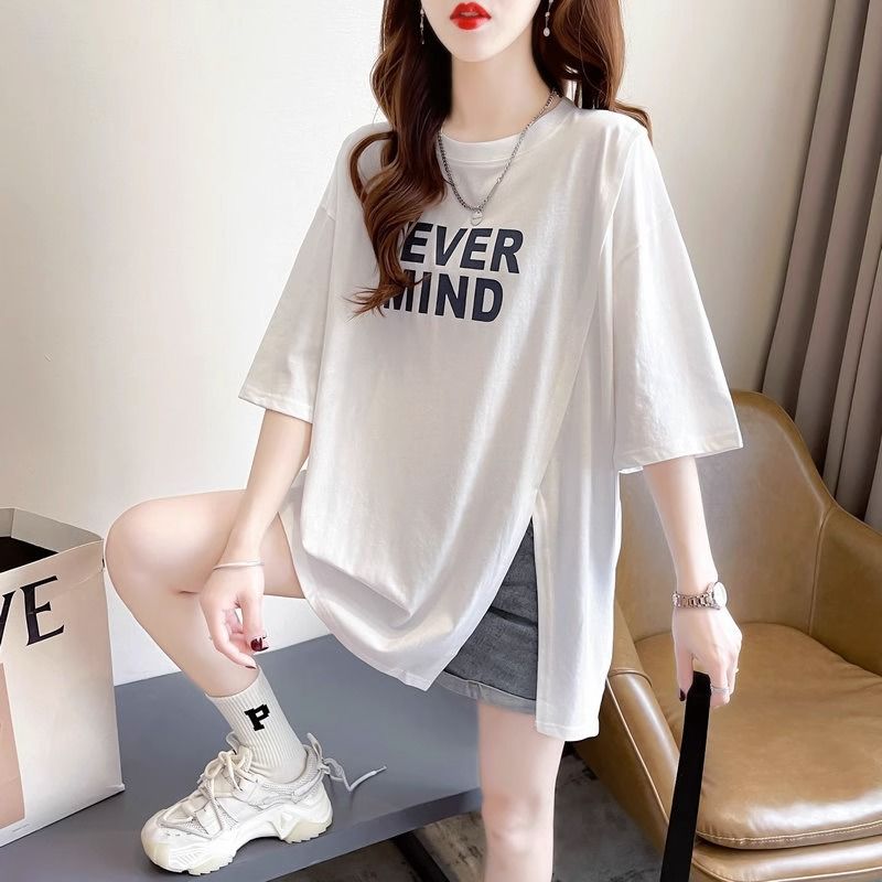 Light purple slit short-sleeved t-shirt women's summer new loose and slightly fat mm slimming all-match top trendy plus-size women's clothing