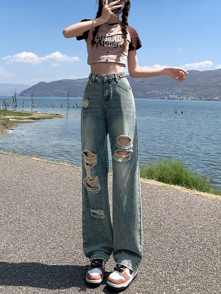 YSYOURS辣妹破洞牛仔褲女夏季薄款高腰顯瘦直筒寬鬆大碼闊腿褲ins