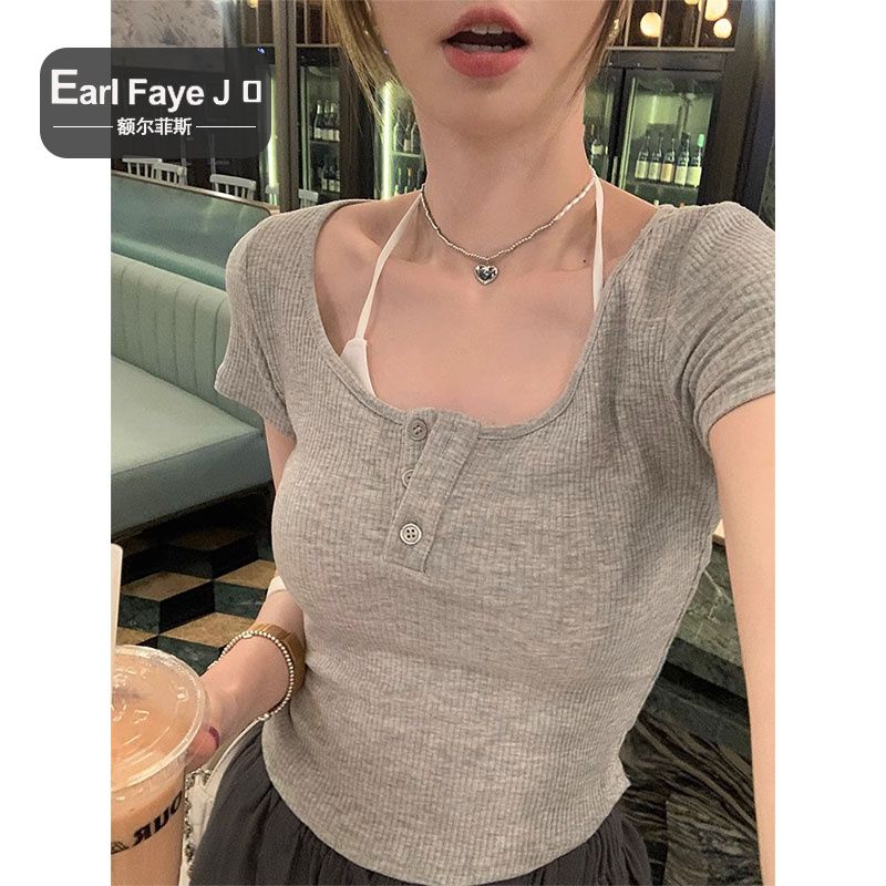 [Positive Shoulder Pure Cotton] Design sense niche irregular short-sleeved T-shirt female summer hot girl chic short slim top