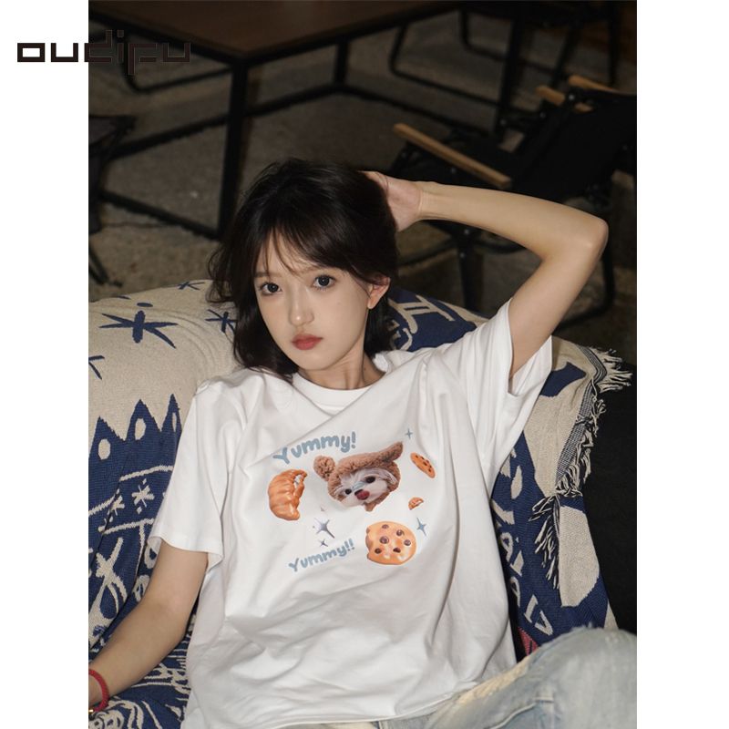 OUDIFU純棉短袖T恤女潮ins夏季2023多巴胺潮牌炸街240克百搭上衣