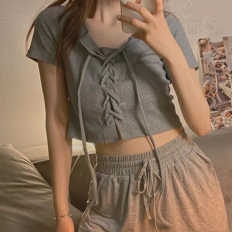 美式短袖T恤女夏季ins新款設計感時尚高腰露臍辣妹短款綁帶式上衣
