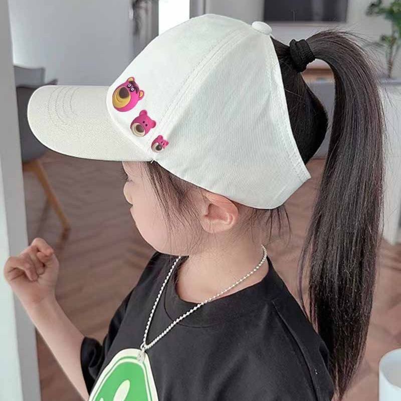 女童马尾棒球帽春夏新款学生春游遮阳帽女童卡通草莓粉色鸭舌帽