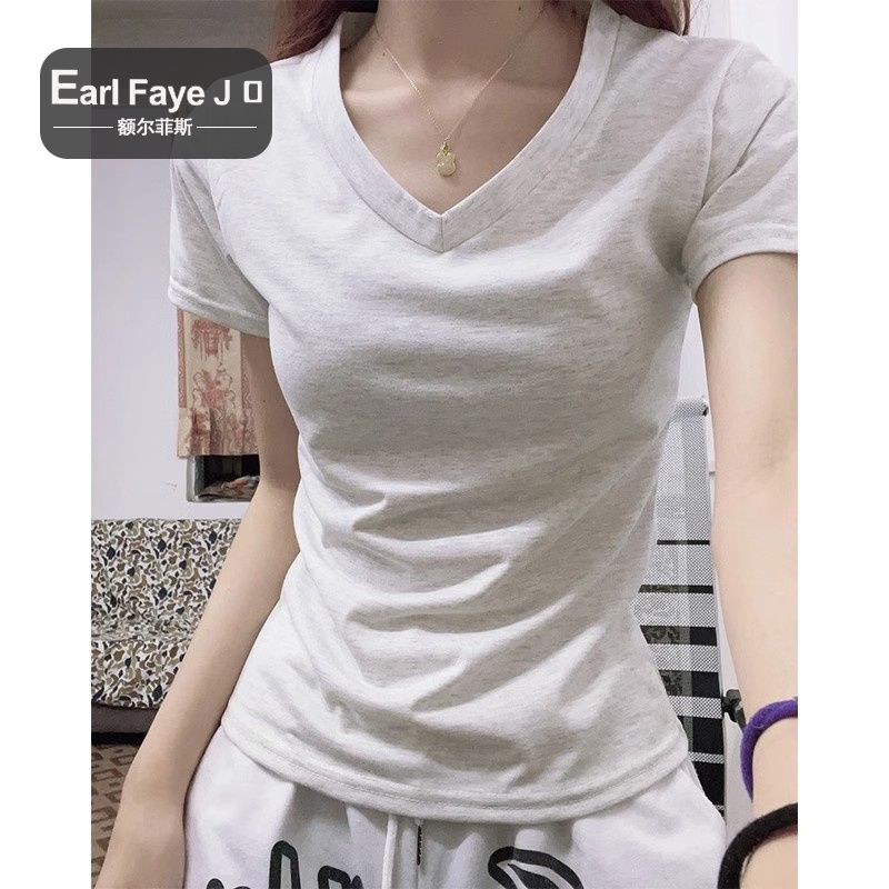 [Positive shoulder pure cotton] Chic V-neck short-sleeved t-shirt women's summer design sense niche sweet hot girl slim fit top