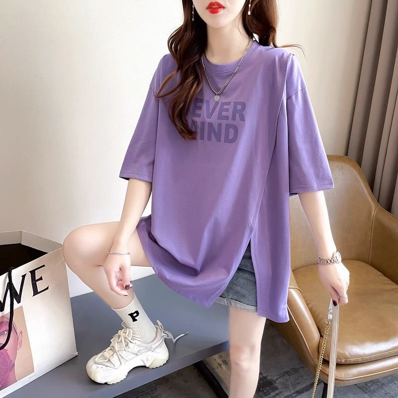 Light purple slit short-sleeved t-shirt women's summer new loose and slightly fat mm slimming all-match top trendy plus-size women's clothing