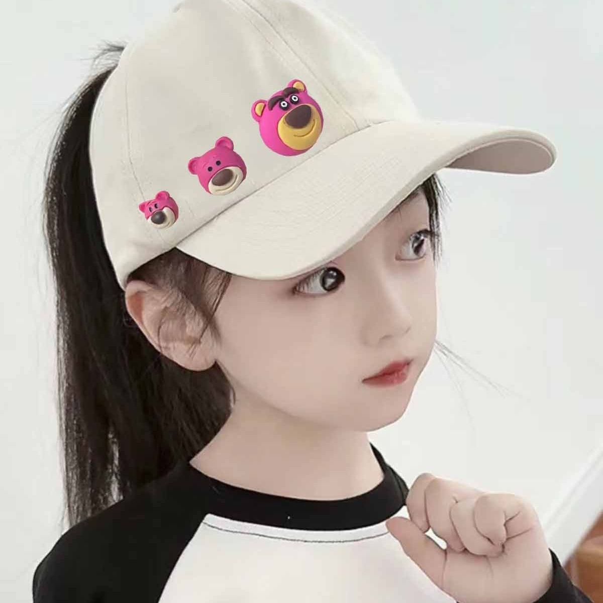 女童马尾棒球帽春夏新款学生春游遮阳帽女童卡通草莓粉色鸭舌帽