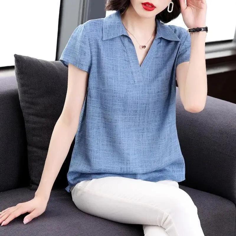 棉麻襯衫女夏裝薄款寬鬆大碼胖mm中年媽媽遮肚子顯瘦休閒亞麻上衣