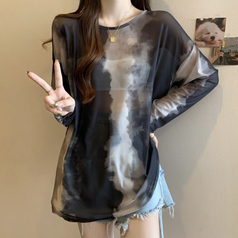 防曬t恤女長袖夏季薄款外搭網紗罩衫顯瘦扎染中長款上衣大碼胖mm