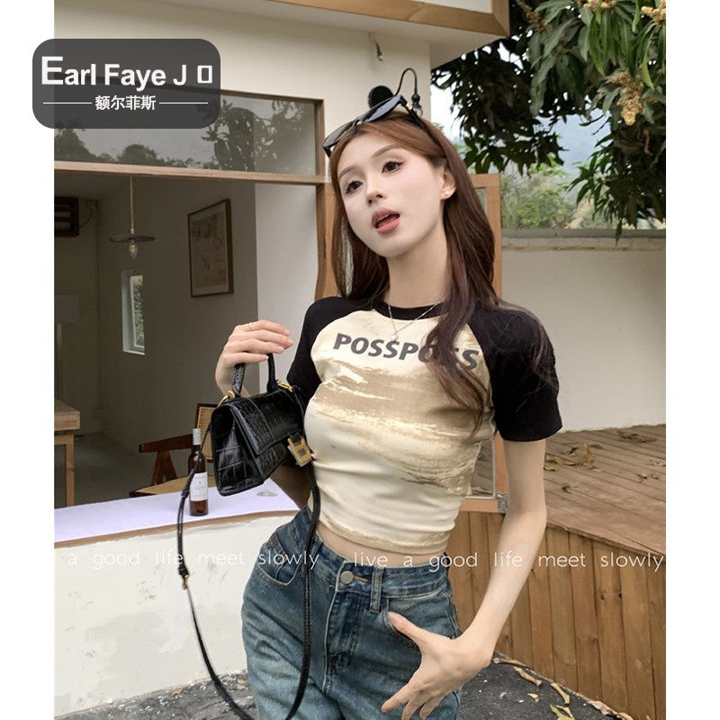 [Positive shoulder pure cotton] American style raglan short-sleeved t-shirt women's summer design sense niche hot girl slim short top