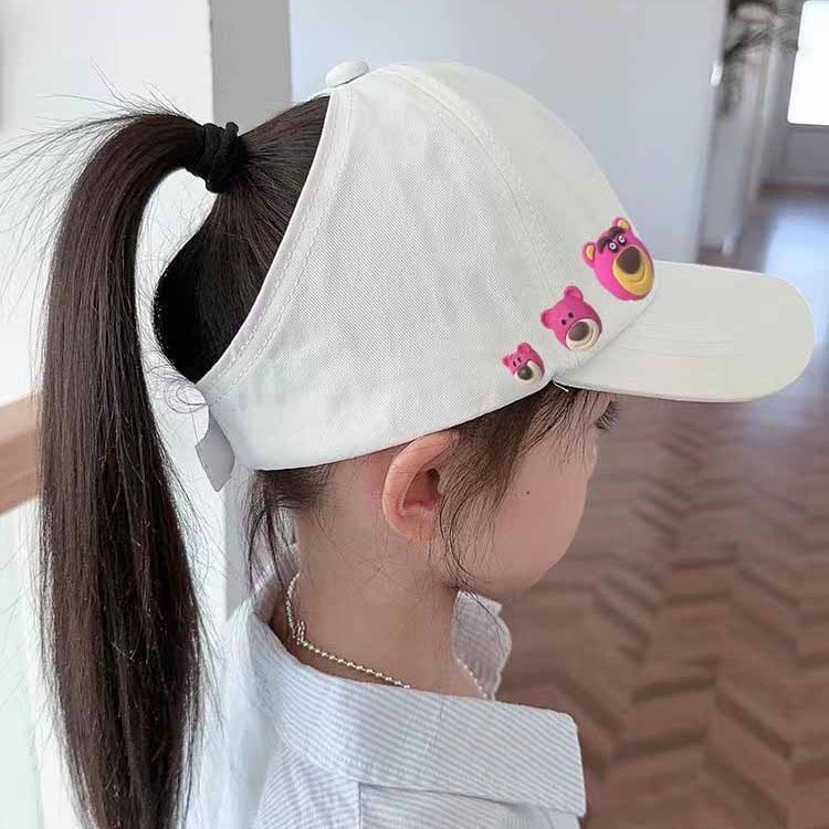 女童马尾棒球帽春夏新款学生春游遮阳帽女童卡通草莓粉色鸭舌帽