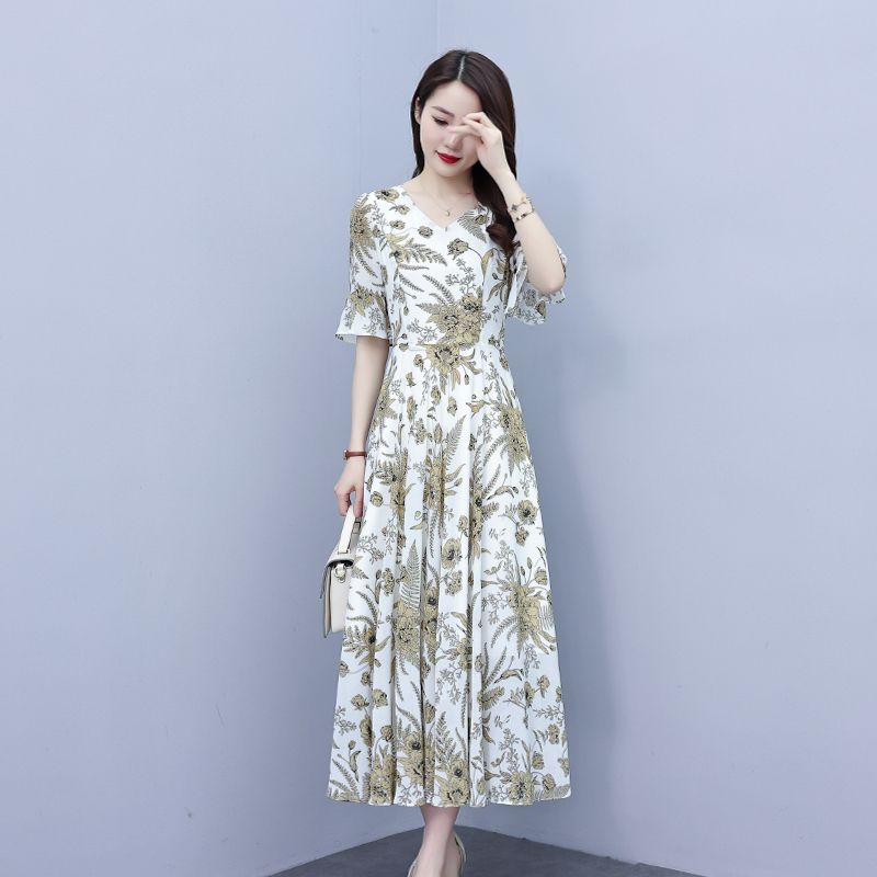 高檔連衣裙2023新款夏季洋氣媽媽雪紡印花遮肚子顯瘦長款過膝裙子
