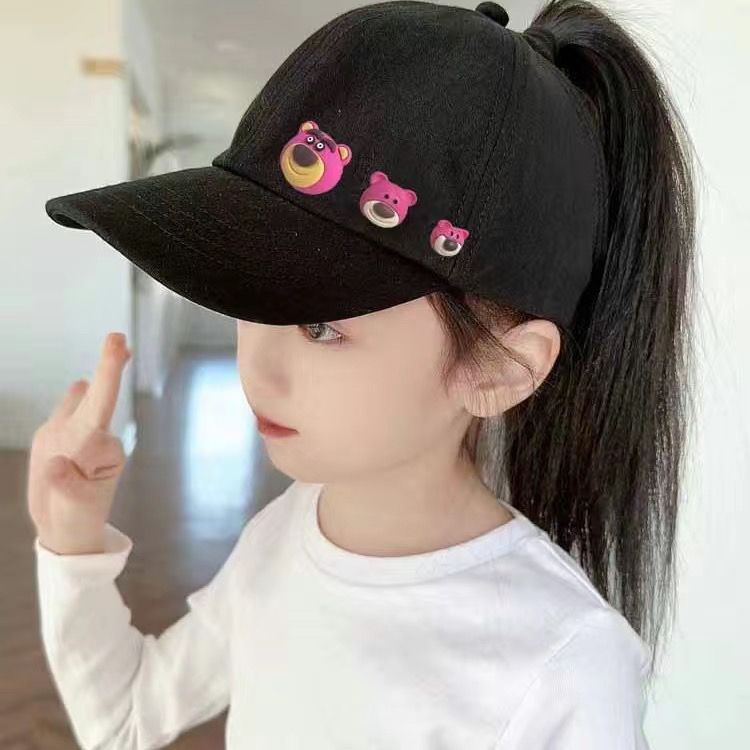 女童马尾棒球帽春夏新款学生春游遮阳帽女童卡通草莓粉色鸭舌帽