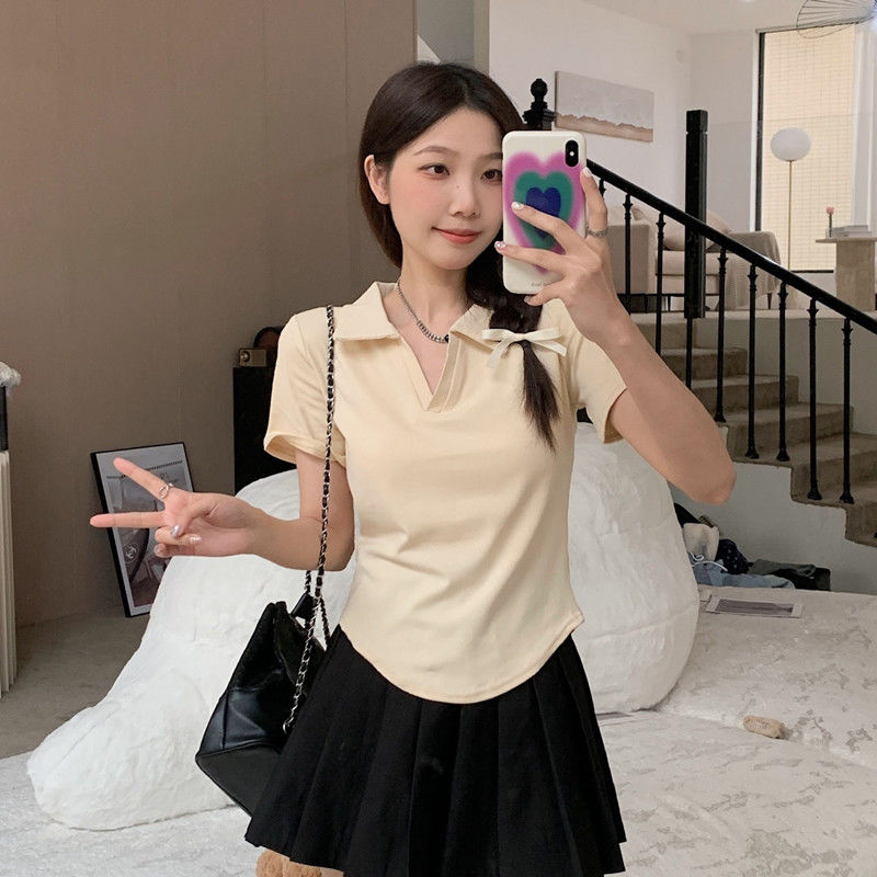 Front shoulder short-sleeved pure desire style polo collar t-shirt summer new style thin irregular short-sleeved cotton top female Korean version ins