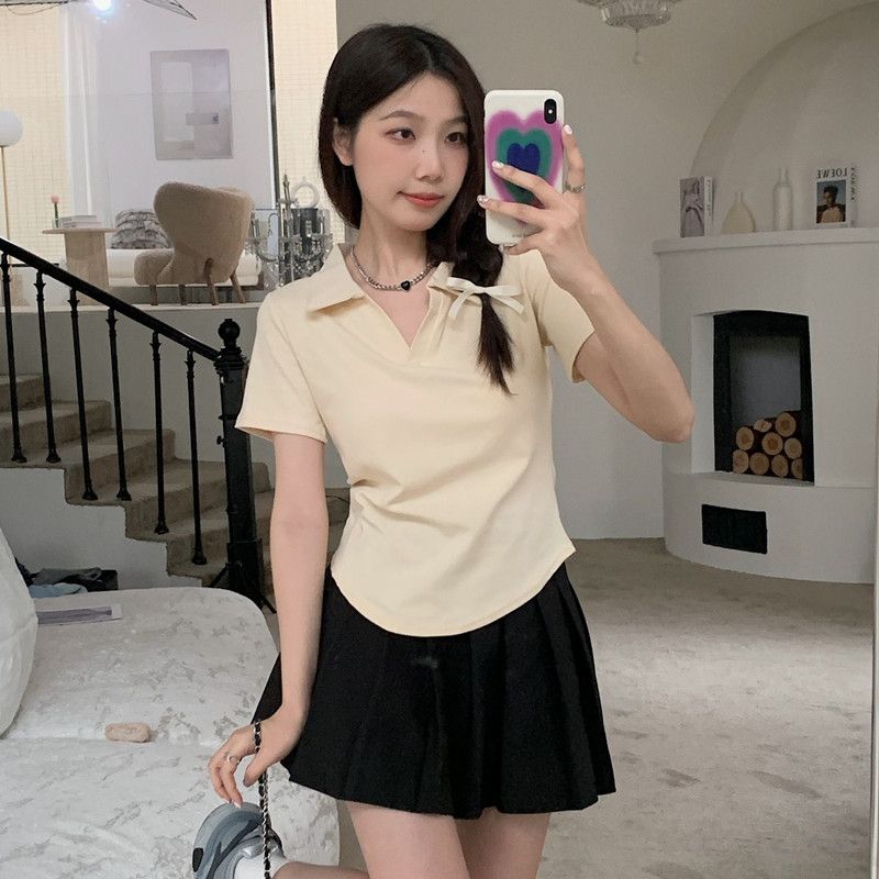 Polo collar pure cotton short-sleeved t-shirt women's summer French niche unique chic shoulder short beautiful top ins