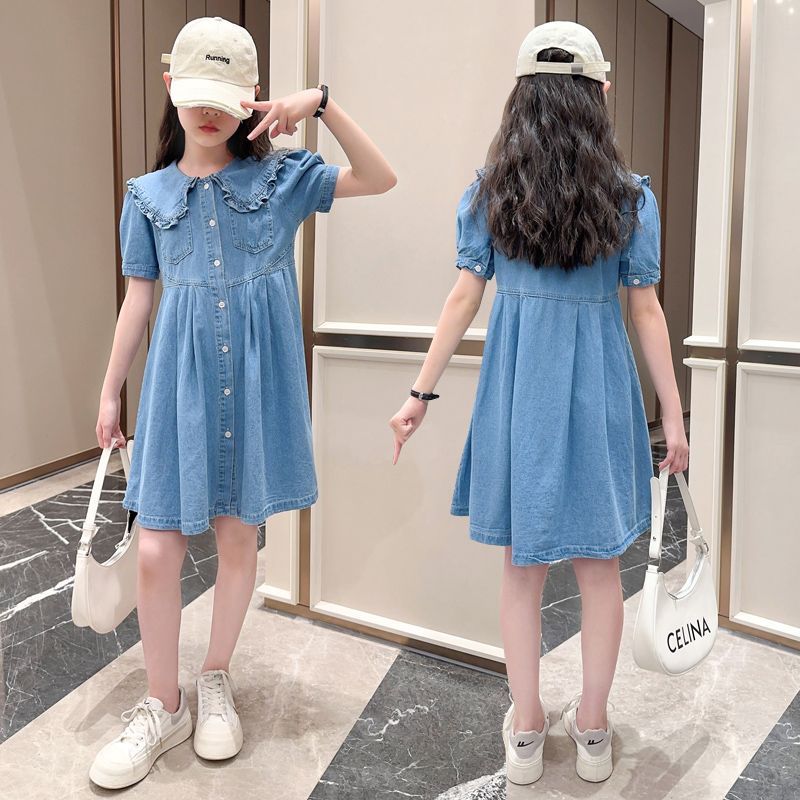 女童牛仔連衣裙娃娃領2023新款夏季兒童公主裙中大童女孩裙子薄款