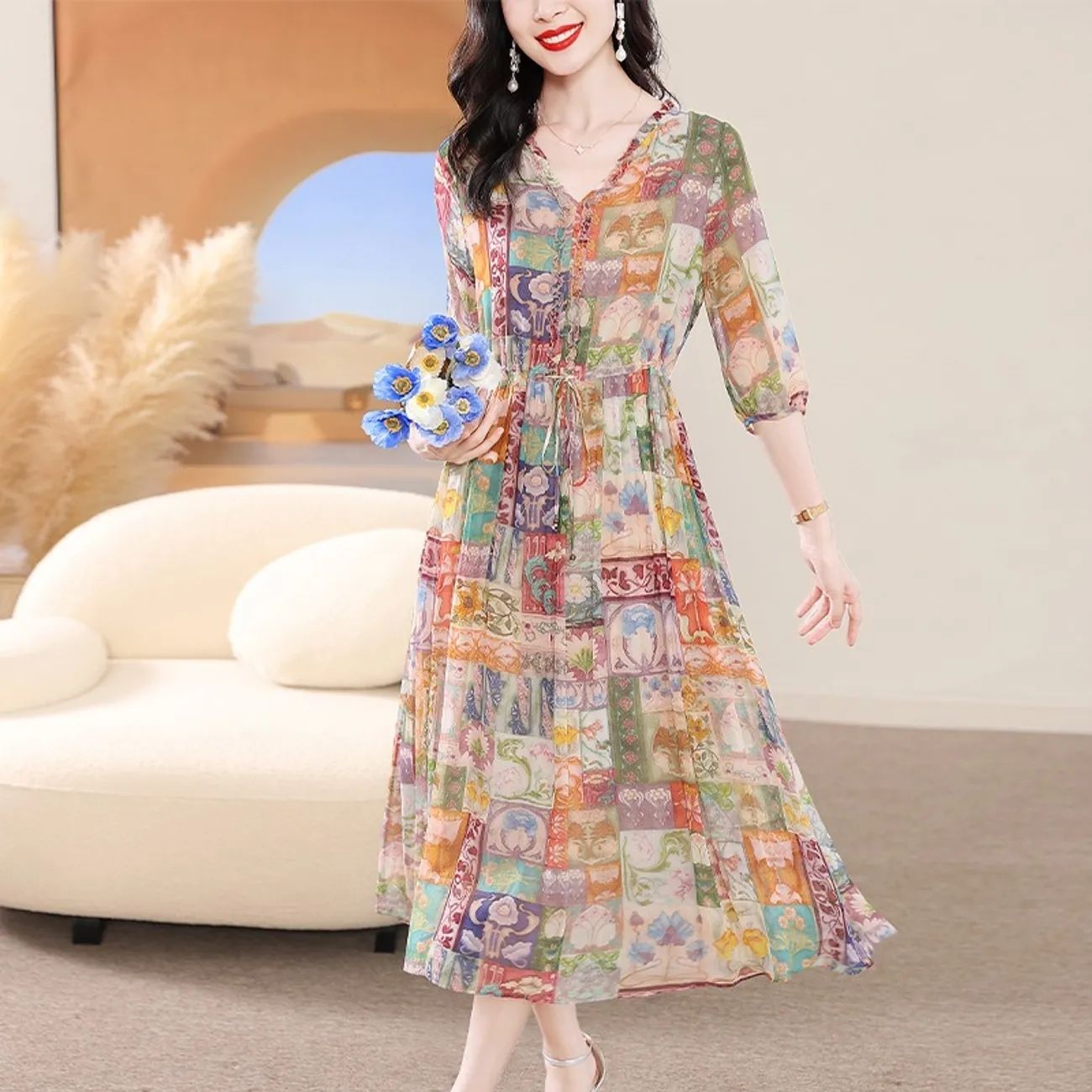 法式氣質貴夫人真絲印花連衣裙2023夏新款顯瘦遮肚桑蠶絲過膝長裙