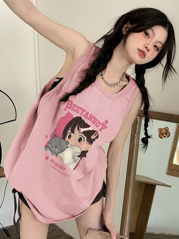 【純棉小背心】粉色背心T恤女寬鬆顯瘦可愛體恤上衣美式坎肩衣服