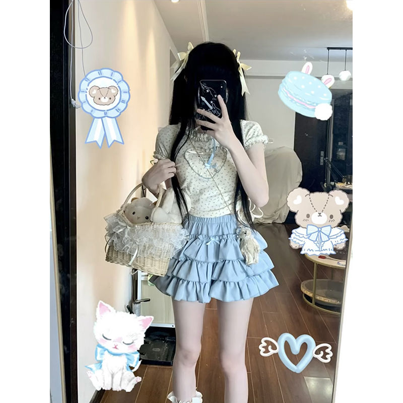 兩件套裝2023夏季新款純欲風辣妹碎花愛心短袖t恤上衣+藍色半身裙