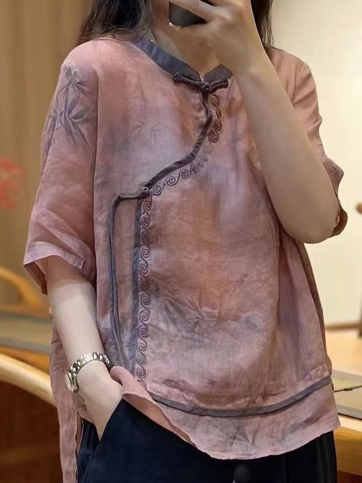 文藝復古印花刺繡花圓領設計感襯衫2023夏季新款時尚優雅顯瘦襯衣
