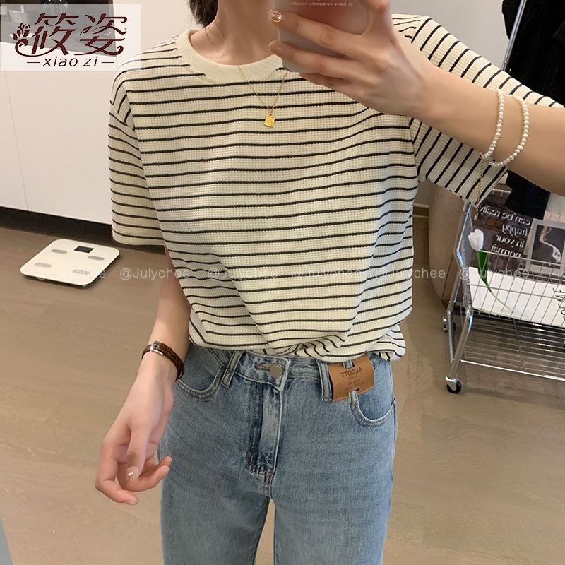 筱姿條紋短袖t恤女2023新款夏季寬鬆顯瘦正肩體恤港味chic上衣潮