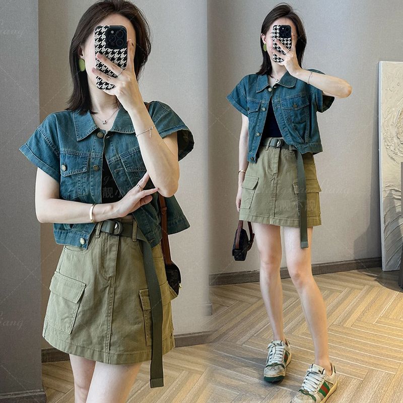 Lanhai Yinuo retro short-sleeved denim shirt jacket female 2023 summer new small man short top thin shawl