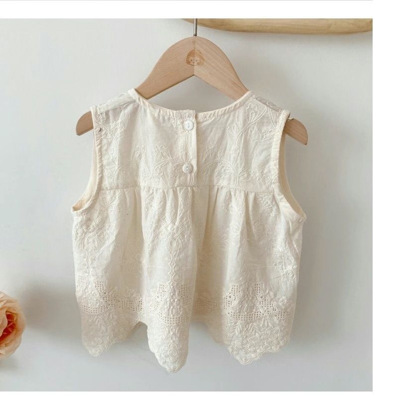  Summer Korean Style Girls Embroidered Vest Top Girls Pure Cotton Retro Embroidered Babydoll Shirt Korean Style Children's Fashion