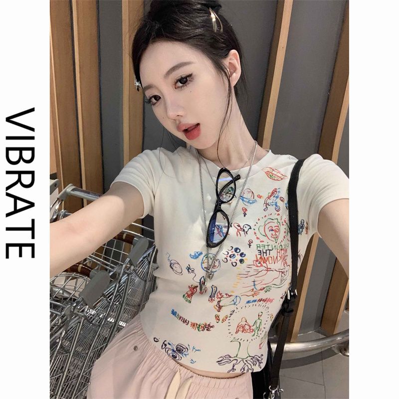 VIBRATE American hot girl small graffiti short-sleeved T-shirt female summer shoulder short bottoming top