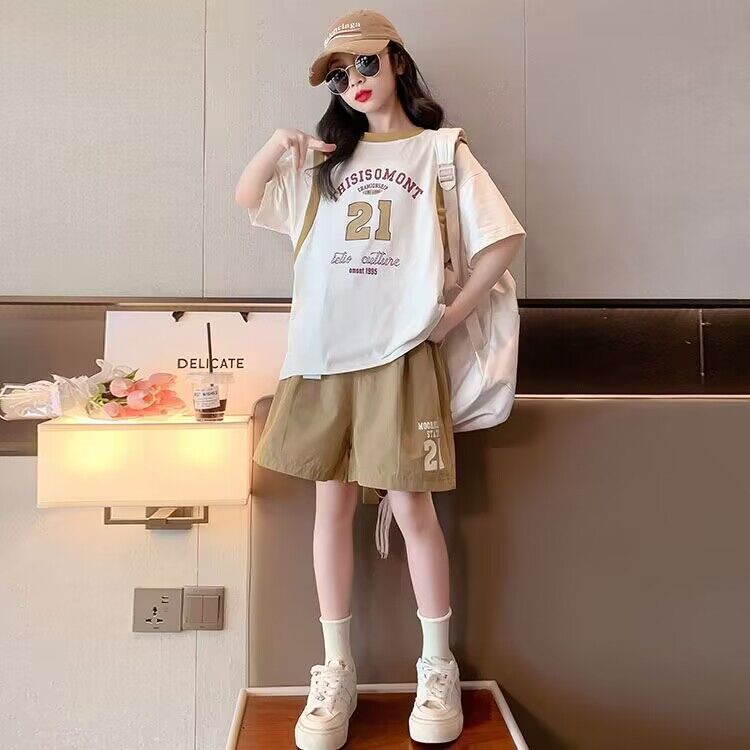 女童夏季套裝2023新款洋氣兒童夏裝女大童寬鬆運動兩件套10歲12