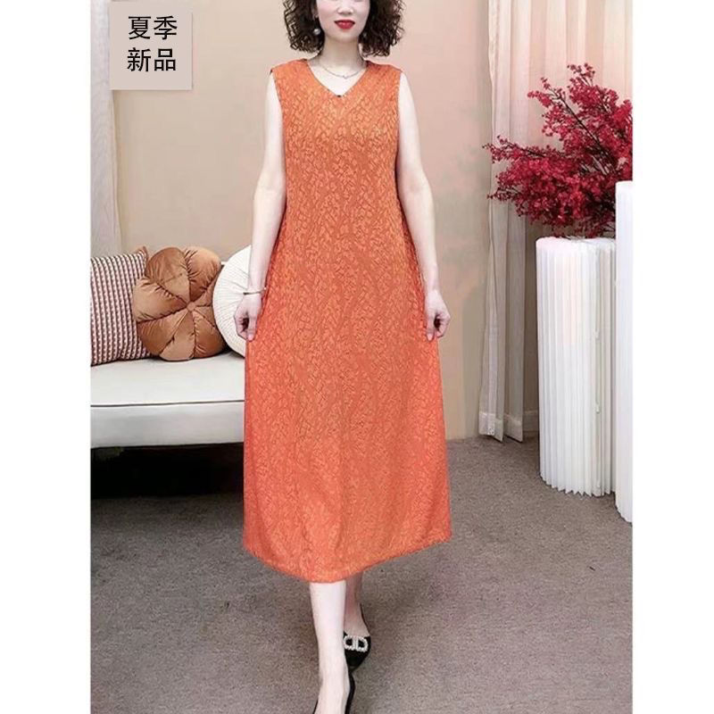 純色提花背心裙女夏季新款時尚洋氣中長款裙子中年女媽媽裝過膝裙