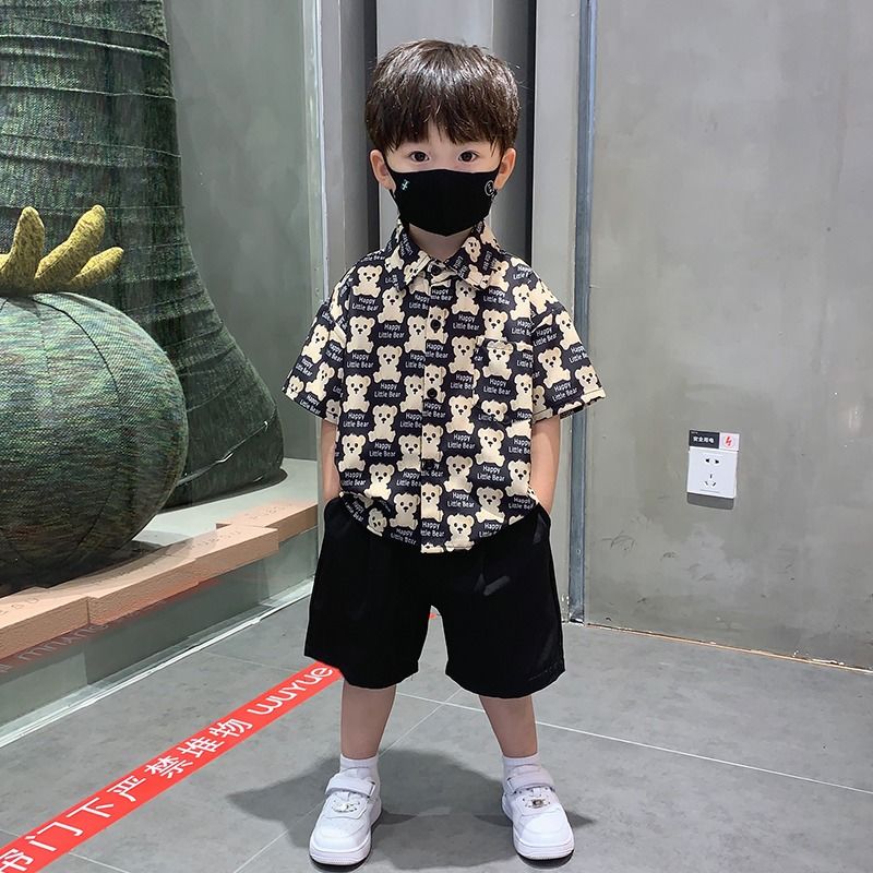 兒童夏款襯衫套裝2023新款男童短袖度假風花襯衣時髦寶寶海邊衣服