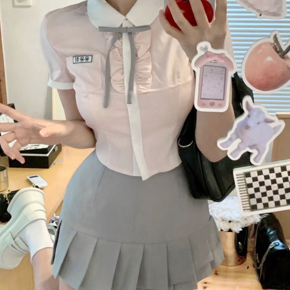 多莉別再惹我韓系jk制服學院風套裝女夏粉色襯衫灰色百褶裙兩件套