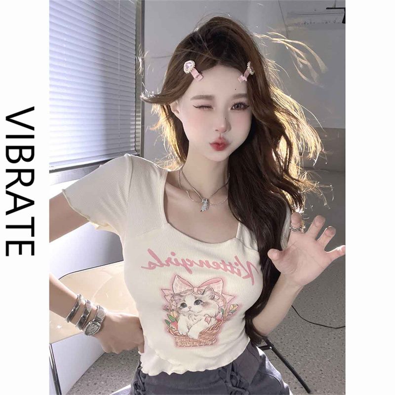 VIBRATE hot girl short design sense cat front shoulder short-sleeved T-shirt female summer thin section high waist navel top