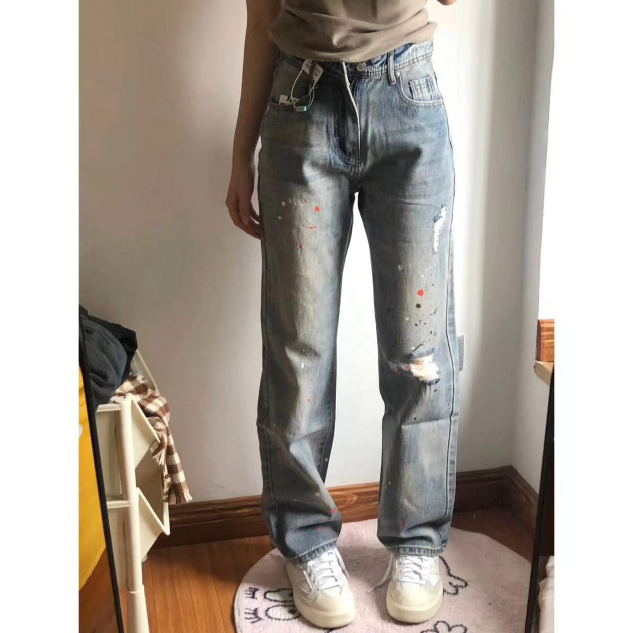 潑墨美式牛仔褲女破洞直筒拖地長褲寬鬆闊腿百搭辣妹美式潮流個性
