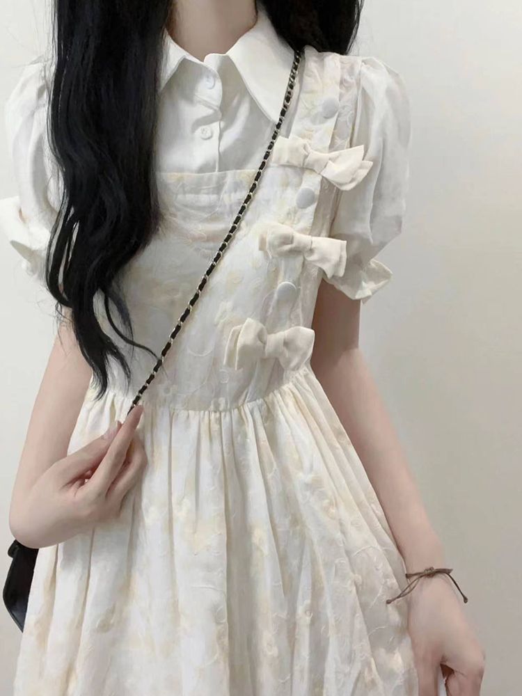 夏日上新學院風甜美蝴蝶結拼接假兩件連衣裙女學生收腰初戀桔梗裙