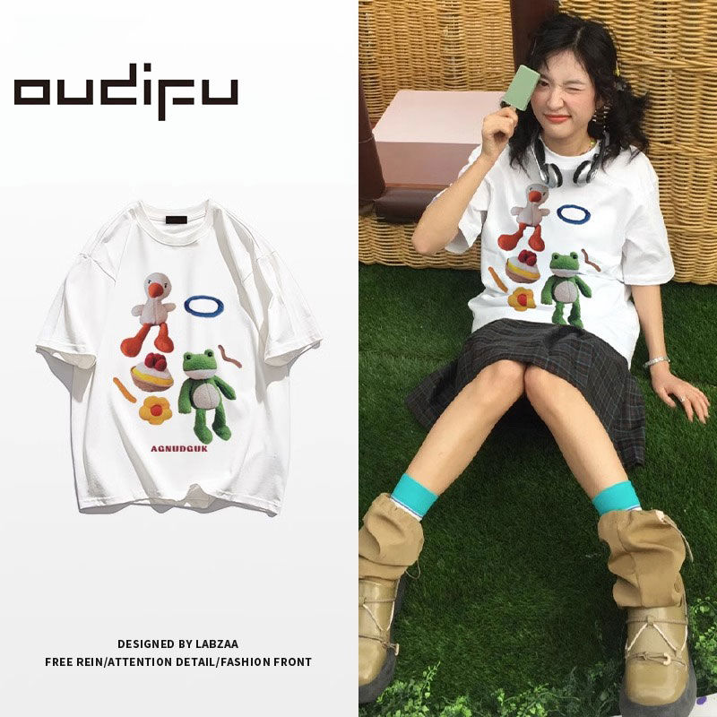 OUDIFU100%不起球新款短袖女學生韓版寬鬆多巴胺小眾T恤百搭夏季