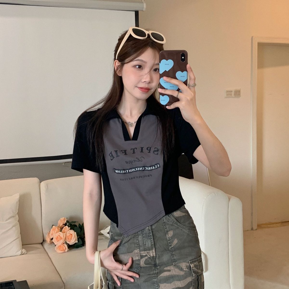 Slightly fat mm shoulders thin half-sleeved POLO shirt short-sleeved T-shirt girls summer new large size niche t-shirt top