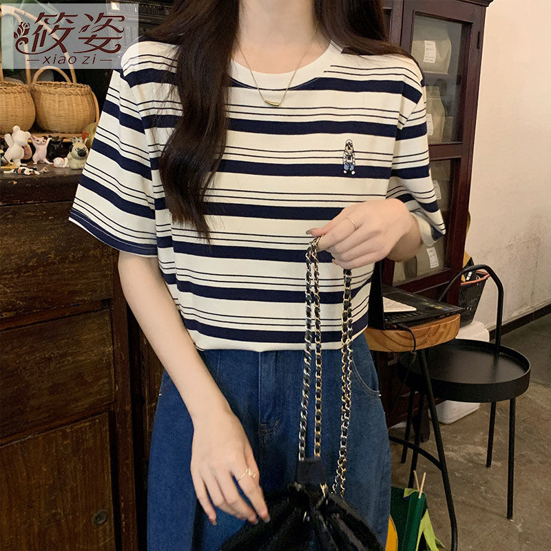 筱姿條紋短袖t恤女夏季復古撞色別致上衣設計感顯瘦正肩體恤刺繡