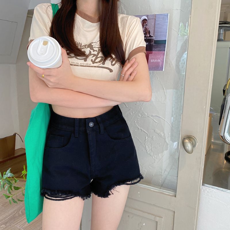 闊腳顯瘦A字高腰熱褲破洞牛仔短褲女 2023夏季薄款黑色毛邊辣妹潮
