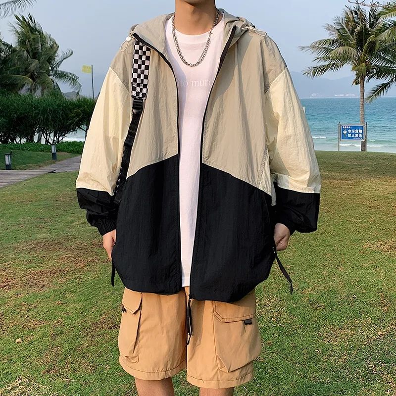 拼接撞色時尚防曬服男夏季潮流寬鬆連帽百搭情侶戶外透氣薄款外套