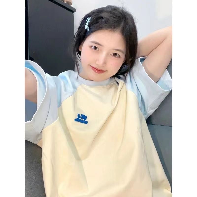 100%純棉夏季新款插肩袖撞色拼接短袖T恤女韓版寬鬆百搭上衣潮ins