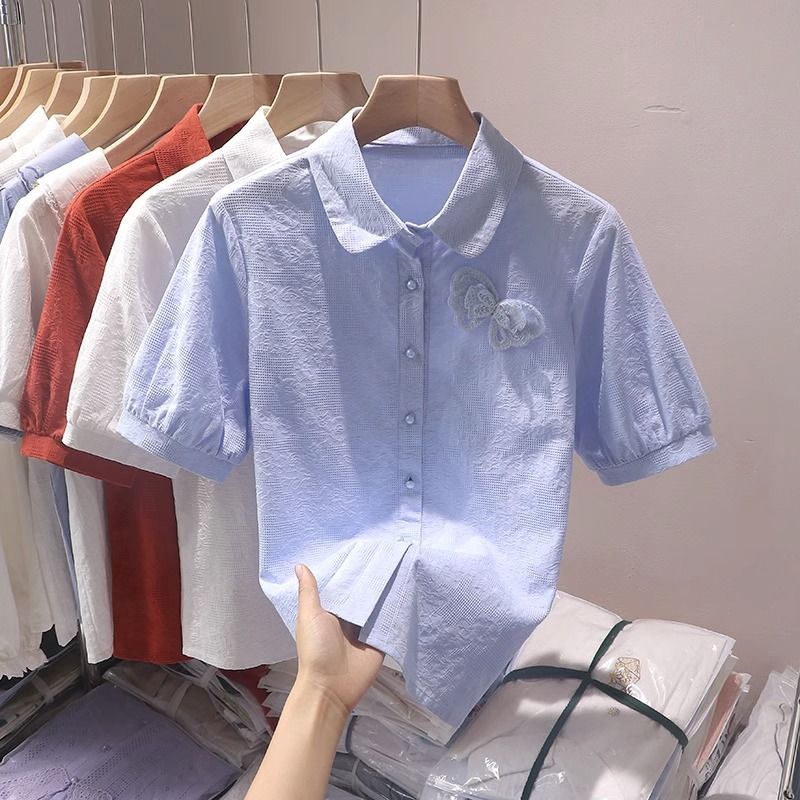 女裝夏季新款純棉短袖襯衫女蝴蝶結洋氣減齡襯衣百搭上衣