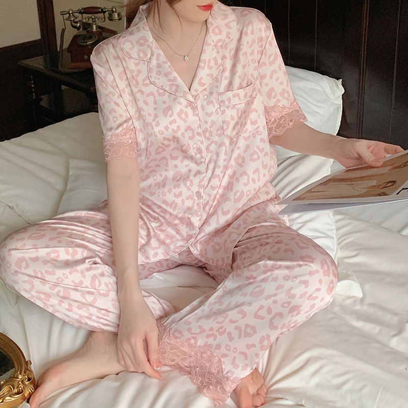 睡衣女夏天薄款凉爽冰丝短袖ins风高颜值粉色豹纹丝绸家居服套装